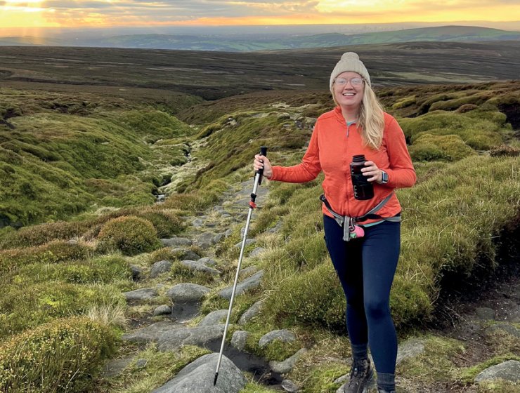 Jen is still walking as the sunsets on Bleaklow