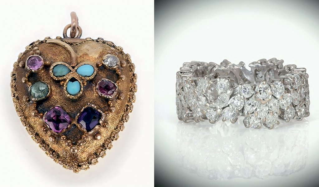 e or motto in which certain letters in each line form a word – heart-shaped locket as a pendant. Set with a trefoil cluster of turquoise cabochon and six varicoloured gemstones – ruby, emerald, garnet, amethyst and a diamond chip – to spell REGARD. It encloses a glazed panel with a lock of hair. Tested as gold, it is to be sold in a forthcoming specialist jewellery auction with an estimate of £200-400.