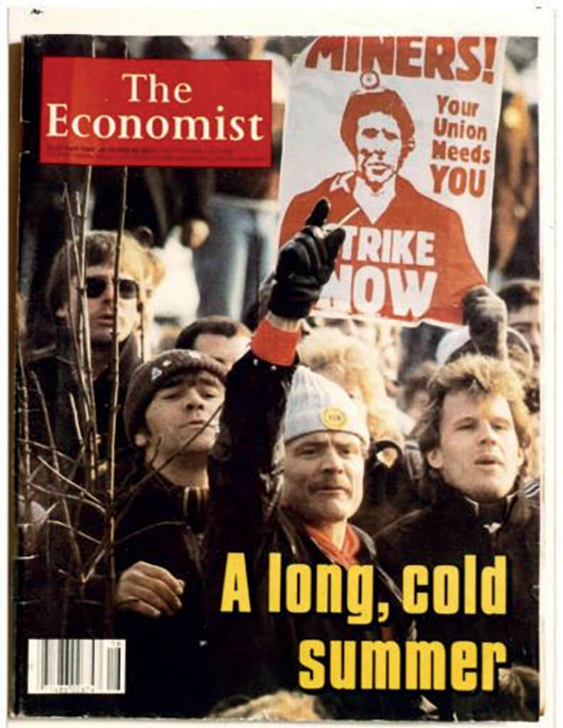 Steve Brunt (centre) made the front cover of The Economist during the strike. Derbyshire miners were picketing the Notts NUM headquarters at Berry Hill. Steve says: “My arm was raised as we saw two buses arrive with miners from Durham, then we burst into song to welcome them.”