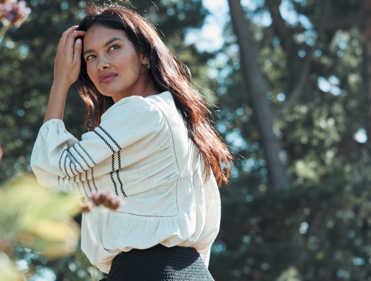 Tory Embroidered Tunic, £52, and Sascha black Midi Skirt, £48, FatFace. www.fatface.com