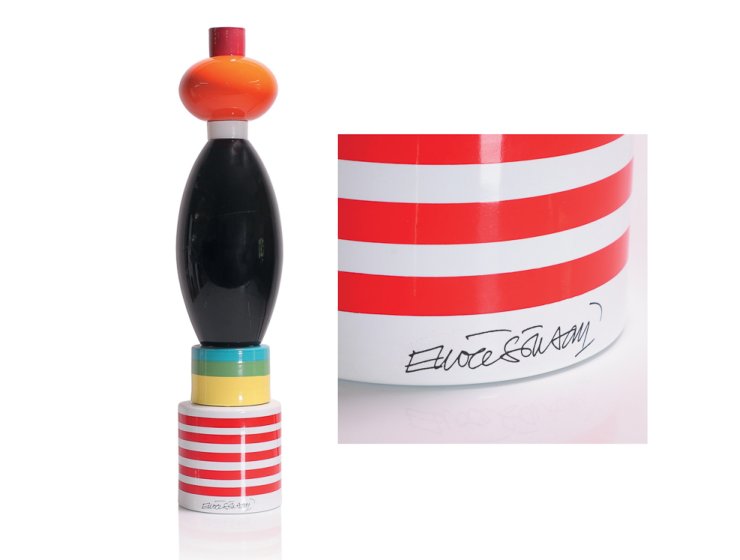 ‘Totem Menta’, designed in 1985 by Ettore Sottsass, displays joyful ceramic shapes, glazed and enamelled in polychrome. Signed at the base, numbered ’23/150’ and measuring 58cm high, it is expected to make £1,000 to £2,000 in a specialist auction later this month.