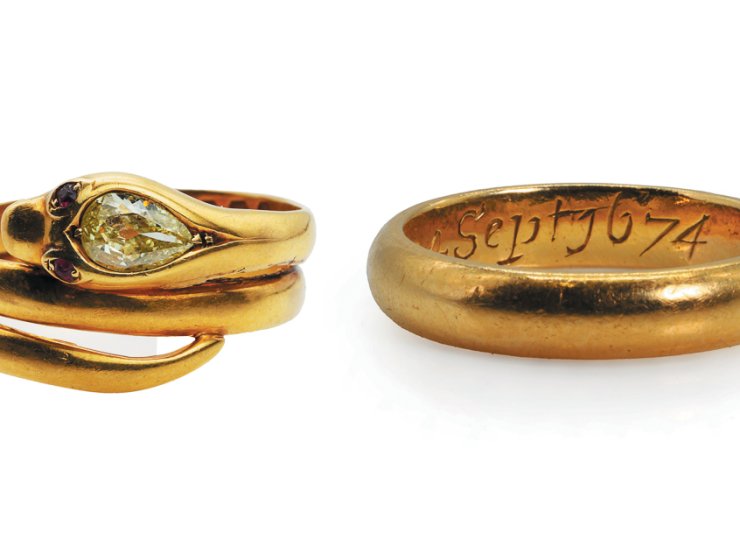 A Victorian 18ct gold diamond set snake ring, it made £1,800 in the recent specialist auction. Weighing 7.59g it is interesting to note that buying this antique ring at auction the buyer saved up to 0.42 tonnes of CO2e compared to buying a new ring. Below: A 17th Century antique mourning ring with skull detailing, engraved ‘Anth. Lybbe Ar: Obijt 24th Sept 1674’. Antony Lybbe lived through the era of the English Civil War. The ring made £1,700 in the recent specialist auction.