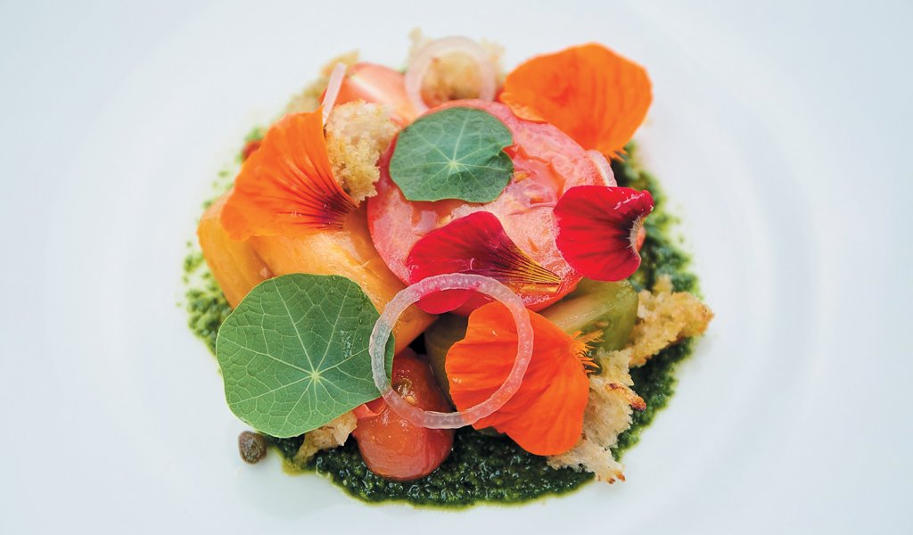 Heritage Tomato Panzanella Salad with Nasturtium