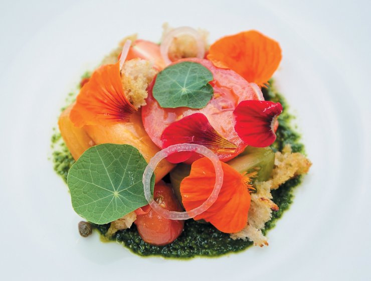 Heritage Tomato Panzanella Salad with Nasturtium