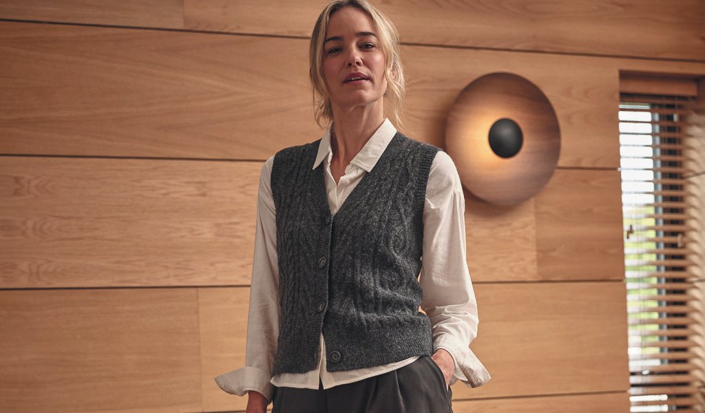 Vivienne shirt, £42, Macy cable knit tank, £49.50, and Ginger draped trousers, £69, all FatFace. www.fatface.com