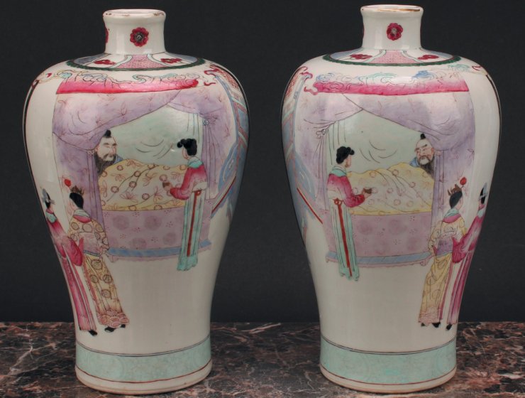 A pair of 18th Century Chinese meiping vases, decorated in colours with a figure attended to in bed. They made £4,550 in a recent auction – ten times the original estimate.