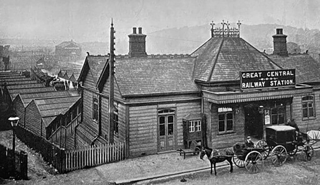 This picture shows the Infirmary Road, Chesterfield, booking office (with platforms below), after the Manchester, Sheffield and Lincolnshire Railway had renamed itself the Great Central Railway in anticipation of opening its new mainline to London – only a change of name for the station from the picture opposite, which is from a Midland Railway guide to Chesterfield in 1899. The entrance to the Chesterfield tunnel would have been just behind the photographer to the right. Picture taken from TP Wood’s Almanac for 1900.