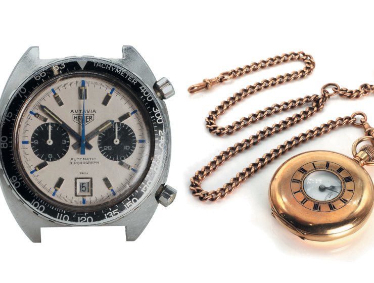 A stainless steel Heuer Autavia ‘Jo Siffert’ automatic chronograph watch, in very worn condition and without its original strap, box or papers, still made £3,900 in a specialist auction against an estimate of £1k-£1.5k. This 9ct gold half hunter pocket watch, by J.W. Benson, London, 1931, and chain, made £2,500 in the same specialist auction.