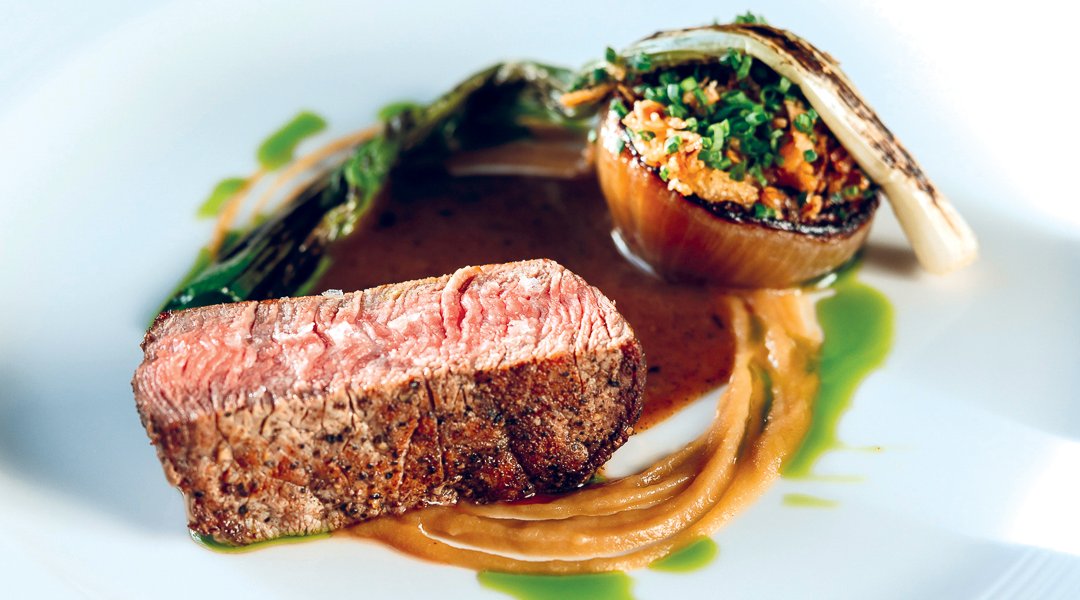 Chatsworth Farm Fillet with Vanilla & Peppercorn Sauce, Roscoff Onion, Spring Onion, Smoked Shallot Purée, Potato Purée by the Executive Chef, Adam Harper, at the Cavendish Hotel, Baslow.