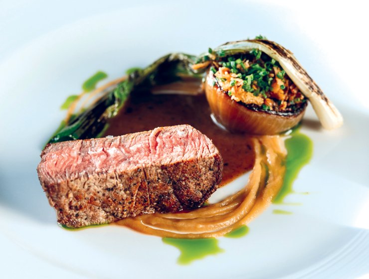 Chatsworth Farm Fillet with Vanilla & Peppercorn Sauce, Roscoff Onion, Spring Onion, Smoked Shallot Purée, Potato Purée by the Executive Chef, Adam Harper, at the Cavendish Hotel, Baslow.
