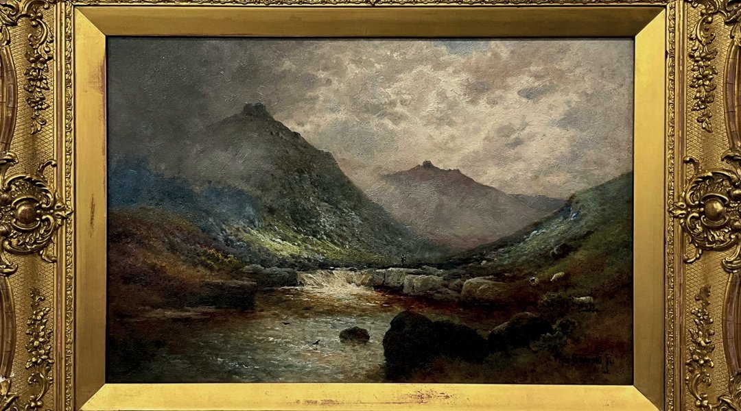 The Constablesque-style oil painting by Alfred De Breanski Jr, at Tavy Cleave, on Dartmoor, with a fisherman in the distance. It made £920 in a recent specialist auction.