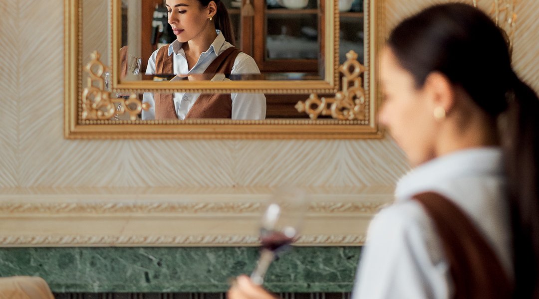 Tasha serving wine at Fischer’s Baslow Hall. Picture by Helen Rowan Photography