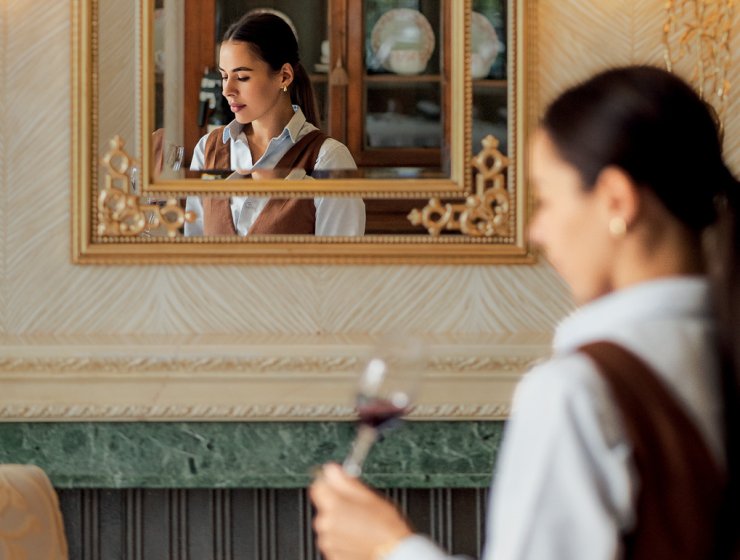 Tasha serving wine at Fischer’s Baslow Hall. Picture by Helen Rowan Photography