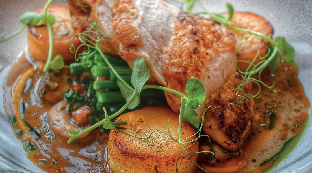 Roast Supreme of Cornfed Chicken with Fondant Potato, Wild Mushroom Fricassée, Chicken Sauce