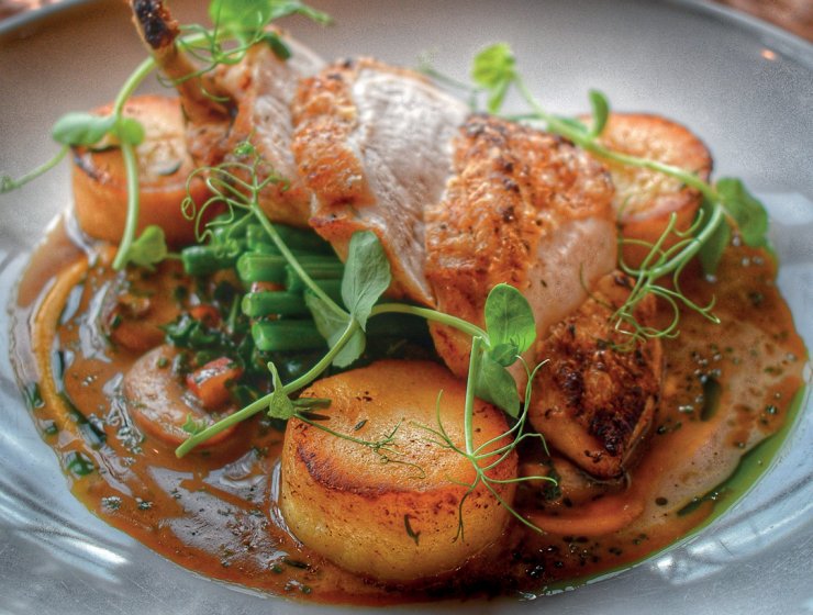 Roast Supreme of Cornfed Chicken with Fondant Potato, Wild Mushroom Fricassée, Chicken Sauce