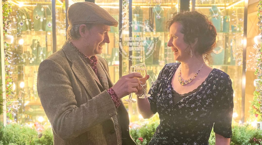 Laura Jo and Adam raise a toast outside Adorn on the evening of the party. Picture: Fiona Stubbs