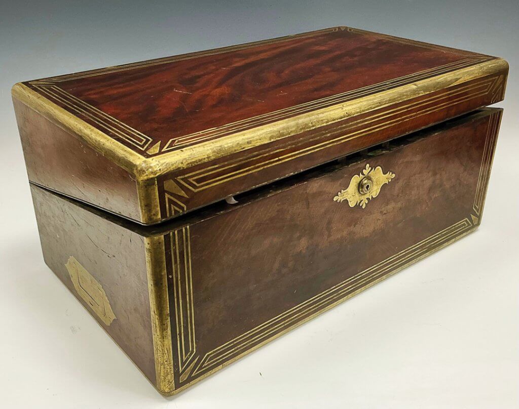 19th-century brass-bound ship’s captain’s campaign writing box.