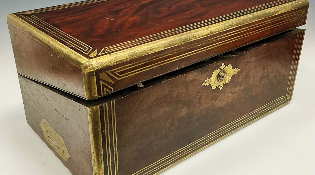 19th-century brass-bound ship’s captain’s campaign writing box.