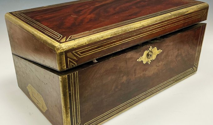 19th-century brass-bound ship’s captain’s campaign writing box.