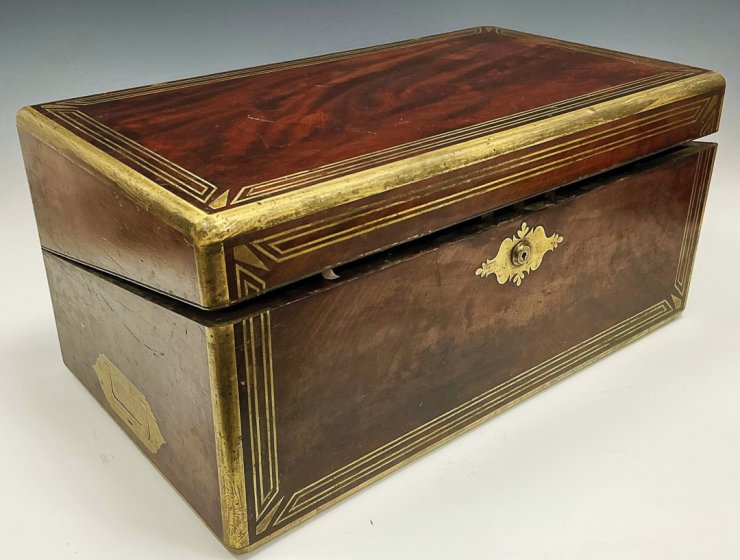 19th-century brass-bound ship’s captain’s campaign writing box.
