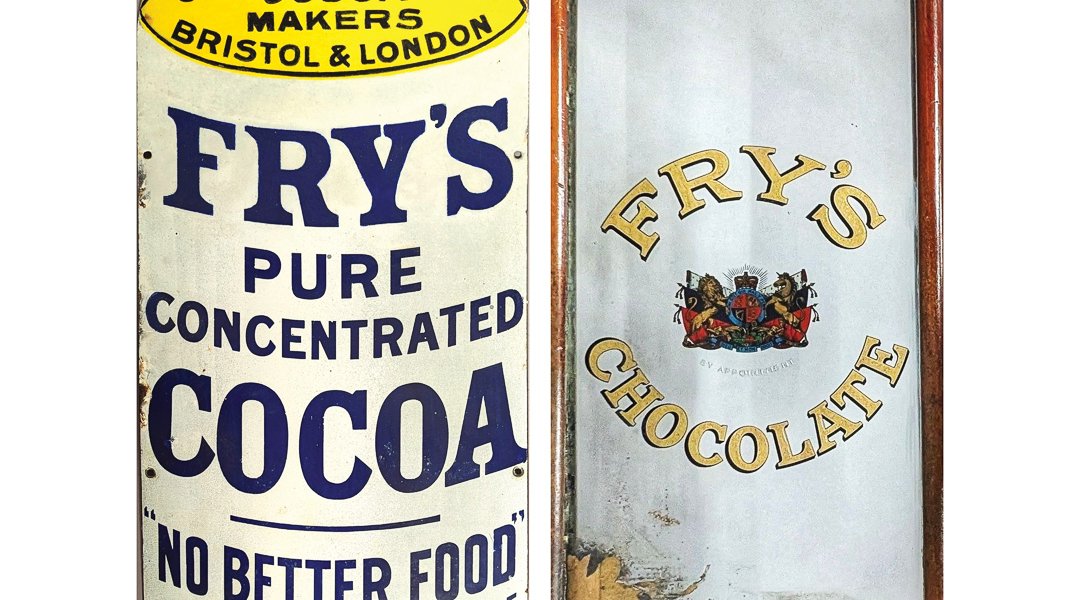 A top lot at a recent specialist auction was this enamel sign, for Fry’s Pure Concentrated Cocoa. It made £1,800. From a country house near Matlock, a 20th century mirror for Fry’s Chocolate, made £160 despite being damaged.