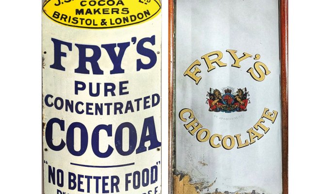 A top lot at a recent specialist auction was this enamel sign, for Fry’s Pure Concentrated Cocoa. It made £1,800. From a country house near Matlock, a 20th century mirror for Fry’s Chocolate, made £160 despite being damaged.