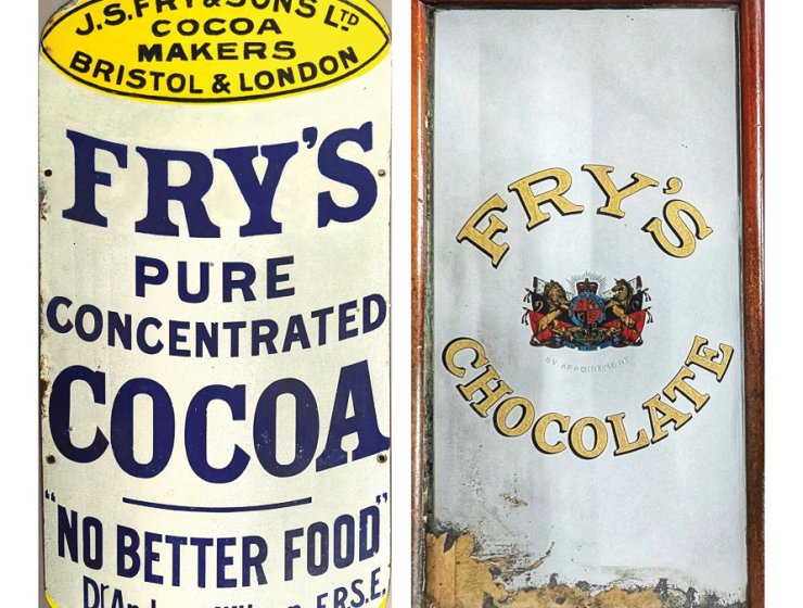 A top lot at a recent specialist auction was this enamel sign, for Fry’s Pure Concentrated Cocoa. It made £1,800. From a country house near Matlock, a 20th century mirror for Fry’s Chocolate, made £160 despite being damaged.