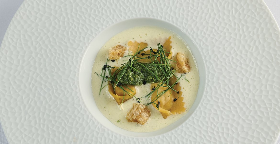 Pork Belly Agnolotti with Wild Garlic Pesto by John Shuttleworth, Head Chef at Fischer’s Baslow Hall
