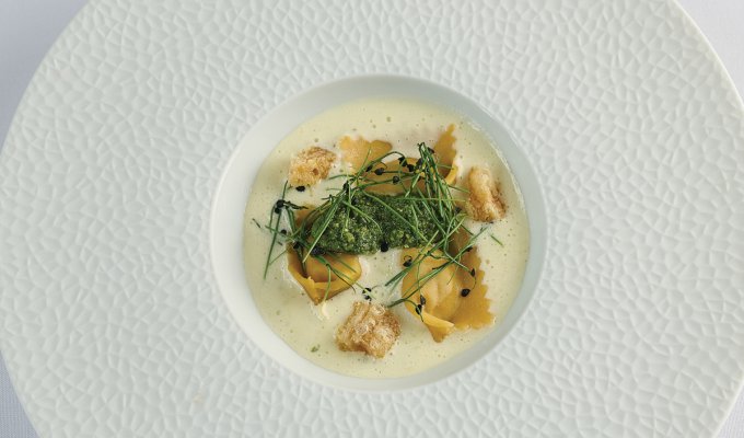 Pork Belly Agnolotti with Wild Garlic Pesto by John Shuttleworth, Head Chef at Fischer’s Baslow Hall