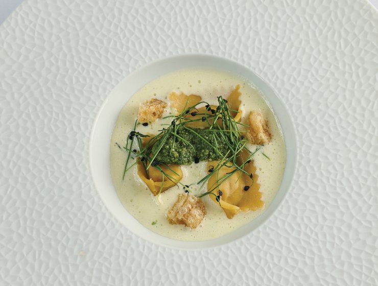 Pork Belly Agnolotti with Wild Garlic Pesto by John Shuttleworth, Head Chef at Fischer’s Baslow Hall