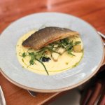 Pan fried seabass fillet, parmentier potatoes, samphire & caviar with a white wine beurre blanc