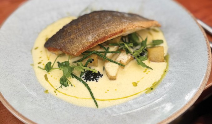 Pan fried seabass fillet, parmentier potatoes, samphire & caviar with a white wine beurre blanc