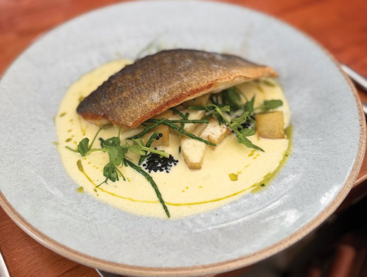 Pan fried seabass fillet, parmentier potatoes, samphire & caviar with a white wine beurre blanc