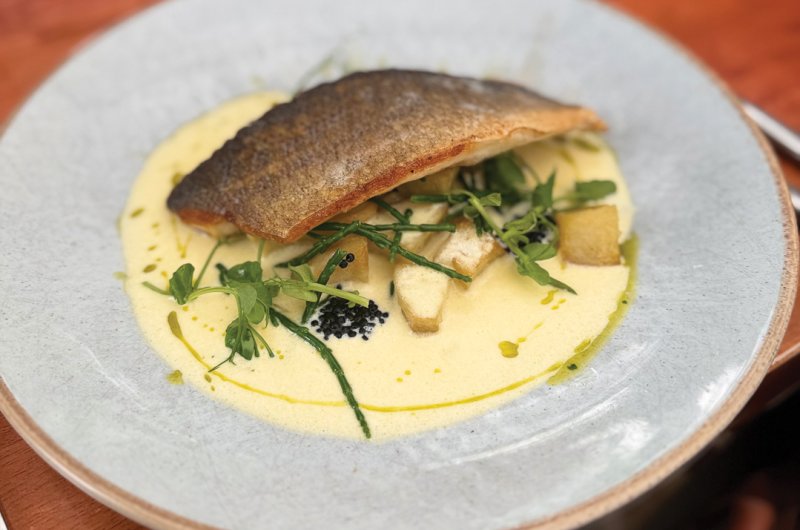Pan fried seabass fillet, parmentier potatoes, samphire & caviar with a white wine beurre blanc