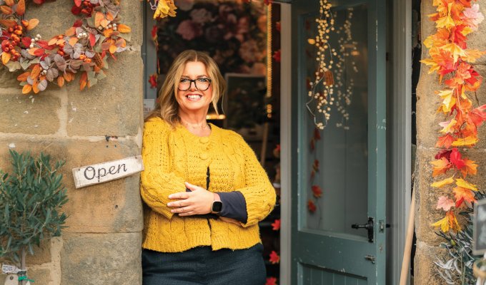 Anne Hyde in the seasonally dressed doorway of The Bothy. Picture: Helen Rowan Photography