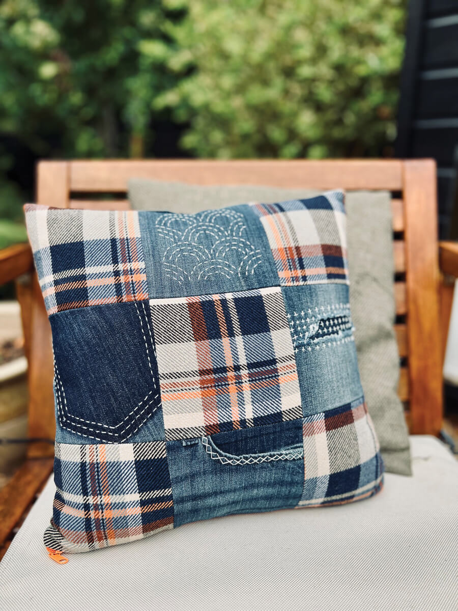 Netty’s favourite cushion, made from pre-loved clothes and left over fabric from a handmade dress